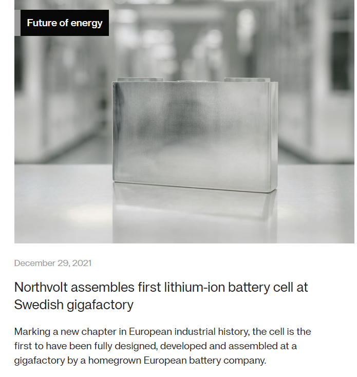 欧洲本土电池新秀Northvolt超级工厂首块锂电池下线