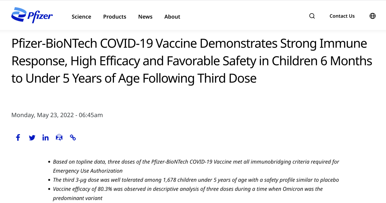 辉瑞披露初步试验结果：三剂疫苗对5岁以下幼儿有效性超80%